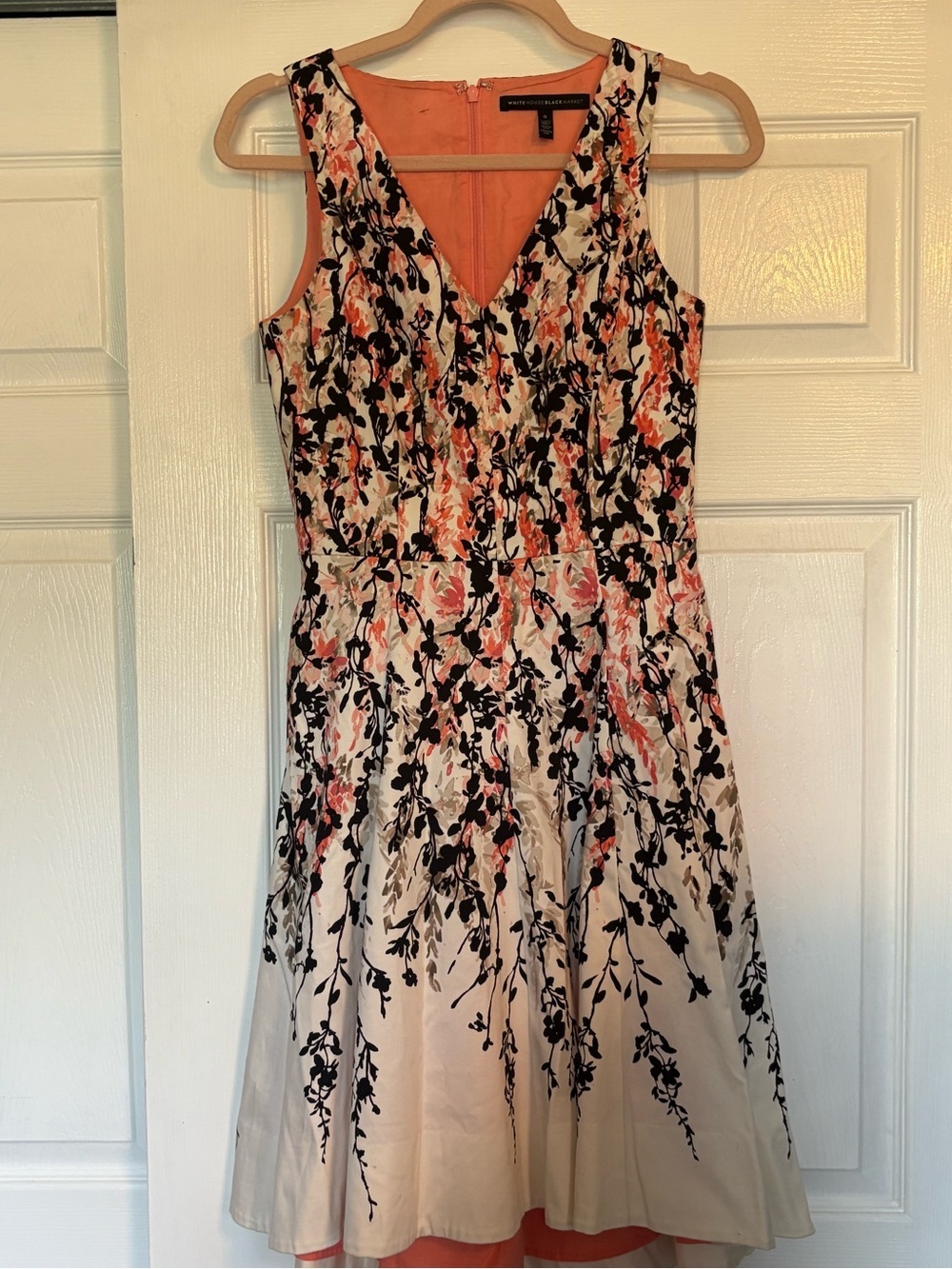 White House Black Market Cream Midi Dress with Black and Coral Floral Print